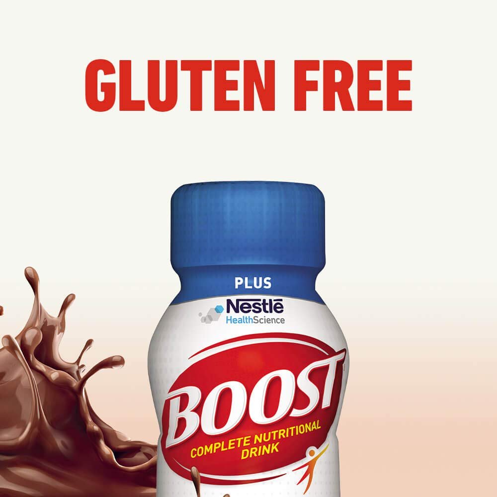 Gluten free label on Boost Plus rich chocolate complete nutritional drink bottle