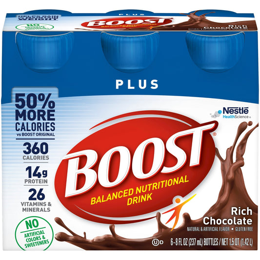 Boost Plus rich chocolate balanced nutritional drink, front of 6-bottle case