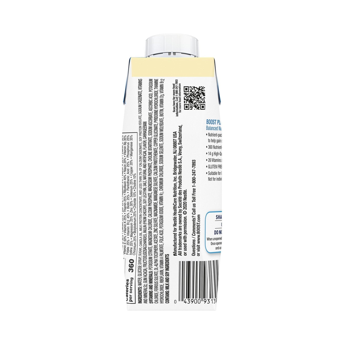 Boost Plus carton back with barcode, ingredients, and nutrition information