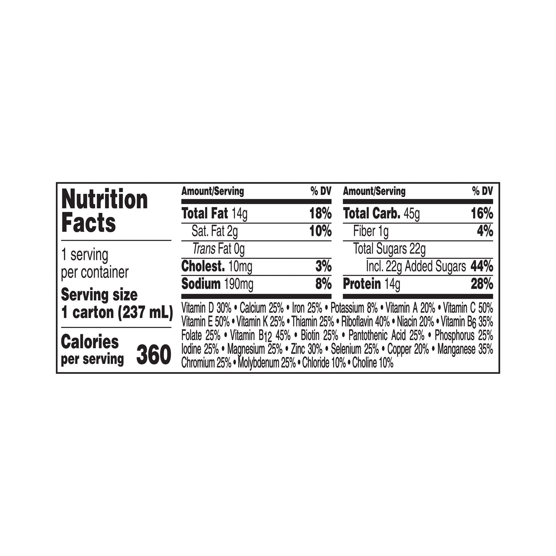 Nutrition Facts for Boost Plus: 360 calories and 14g protein per serving