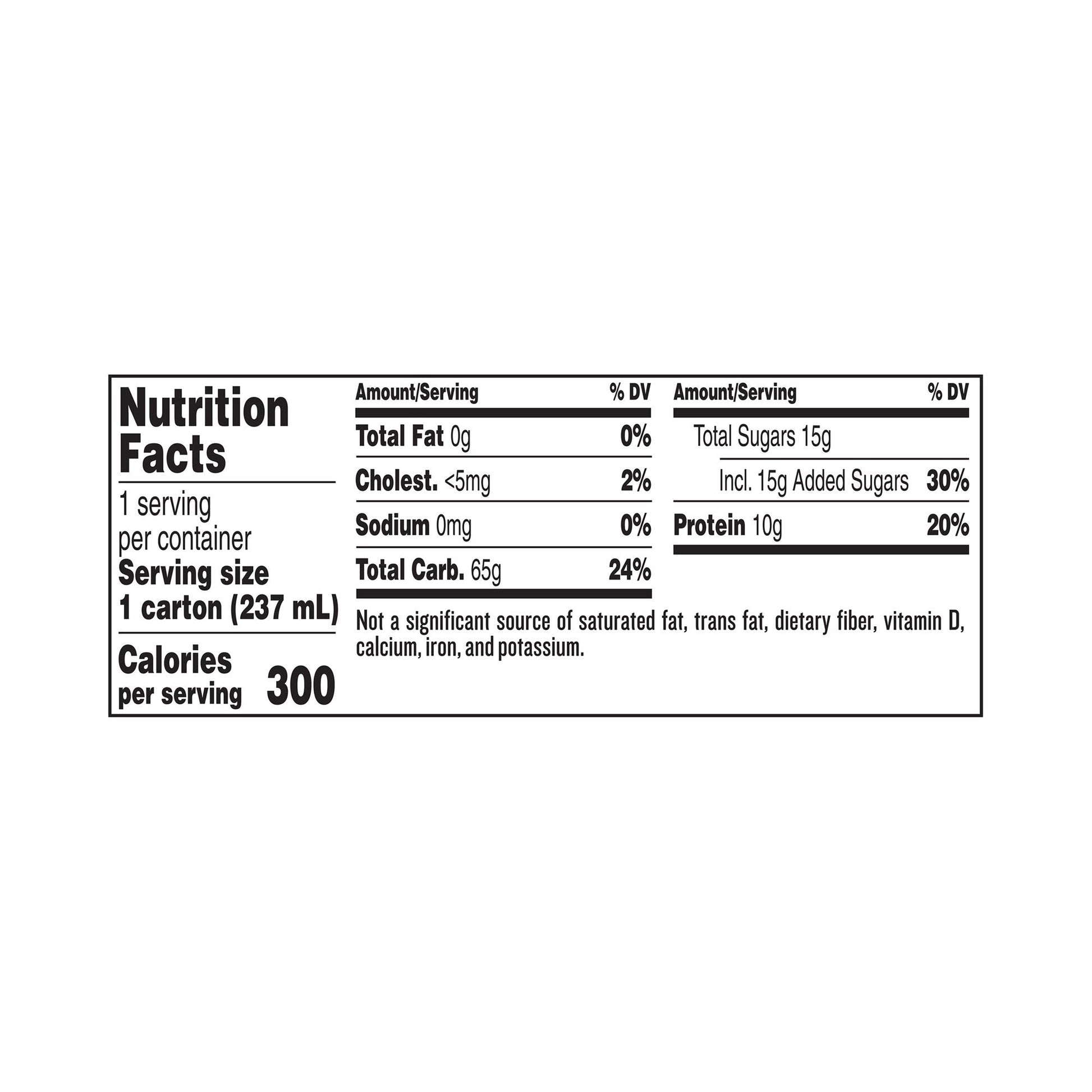 Nutrition facts panel for Boost Soothe clear nutritional drink; 300 calories per serving