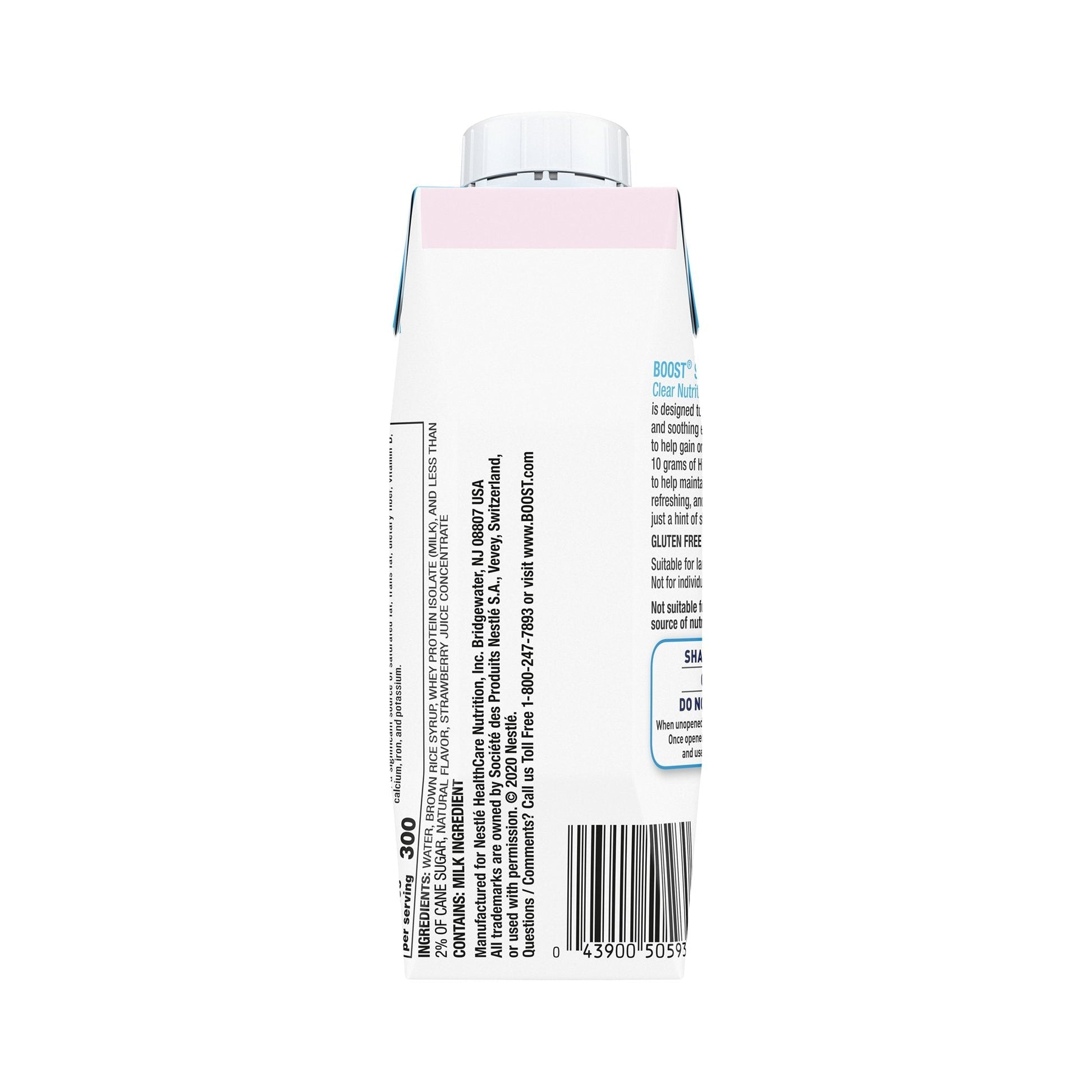 Back label of Boost Soothe clear nutritional drink carton with barcode and serving info
