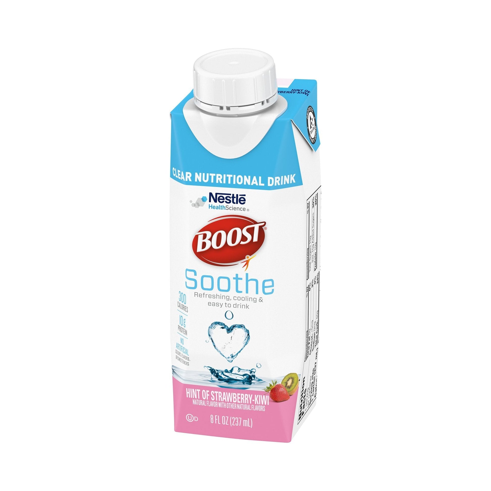 Boost Soothe clear nutritional drink carton, strawberry-kiwi hint, easy to drink