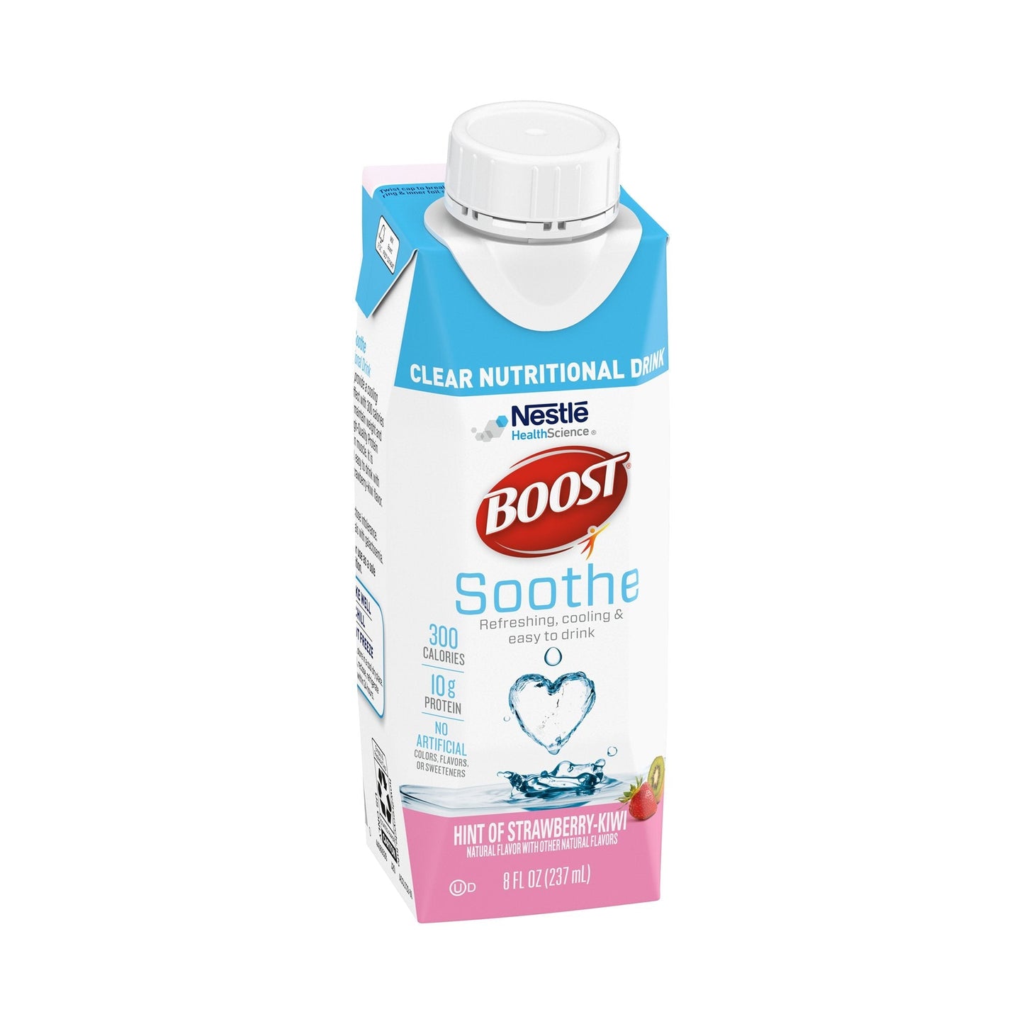 Boost Soothe clear nutritional drink carton with heart graphic; 1g protein