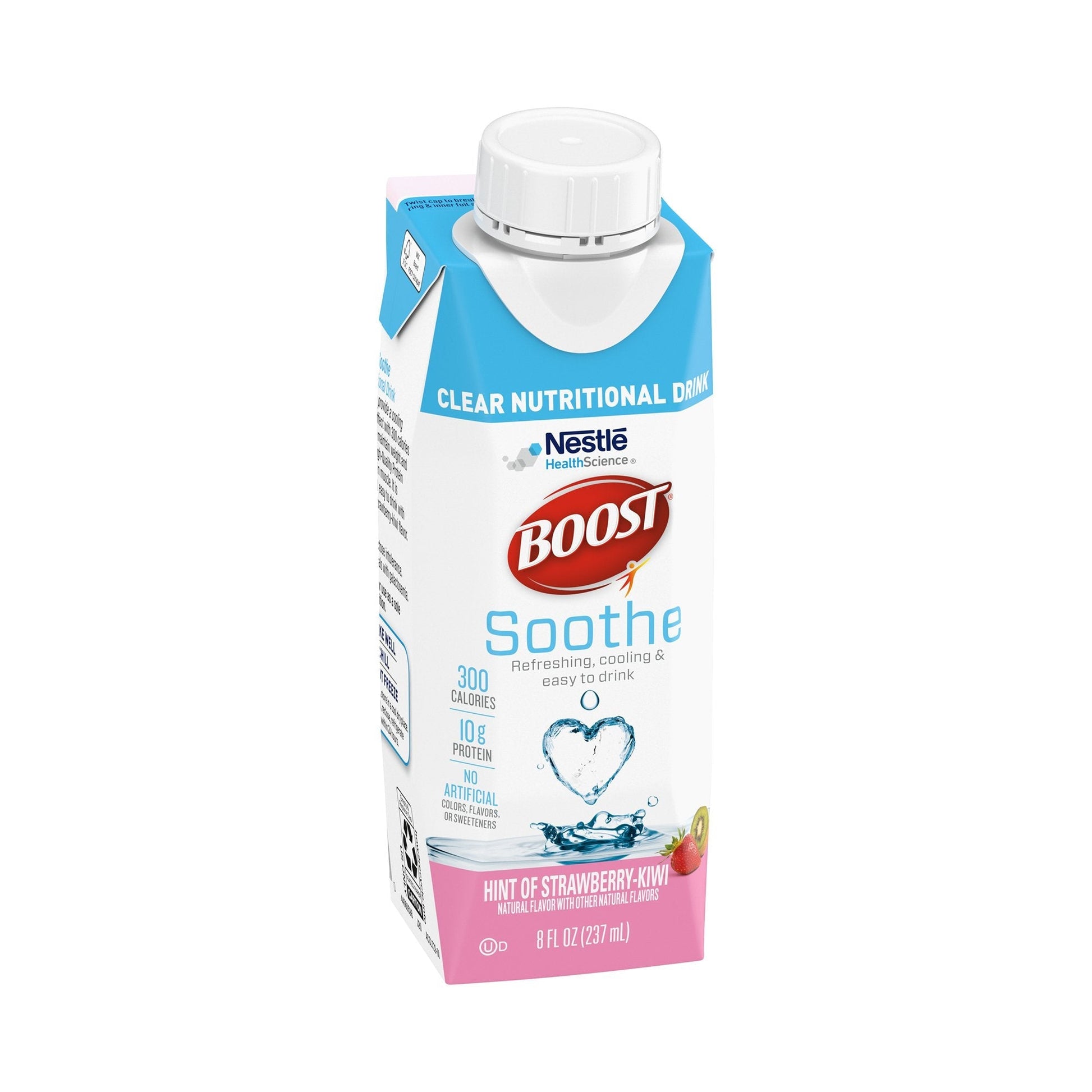 Boost Soothe clear nutritional drink carton with heart graphic; 1g protein
