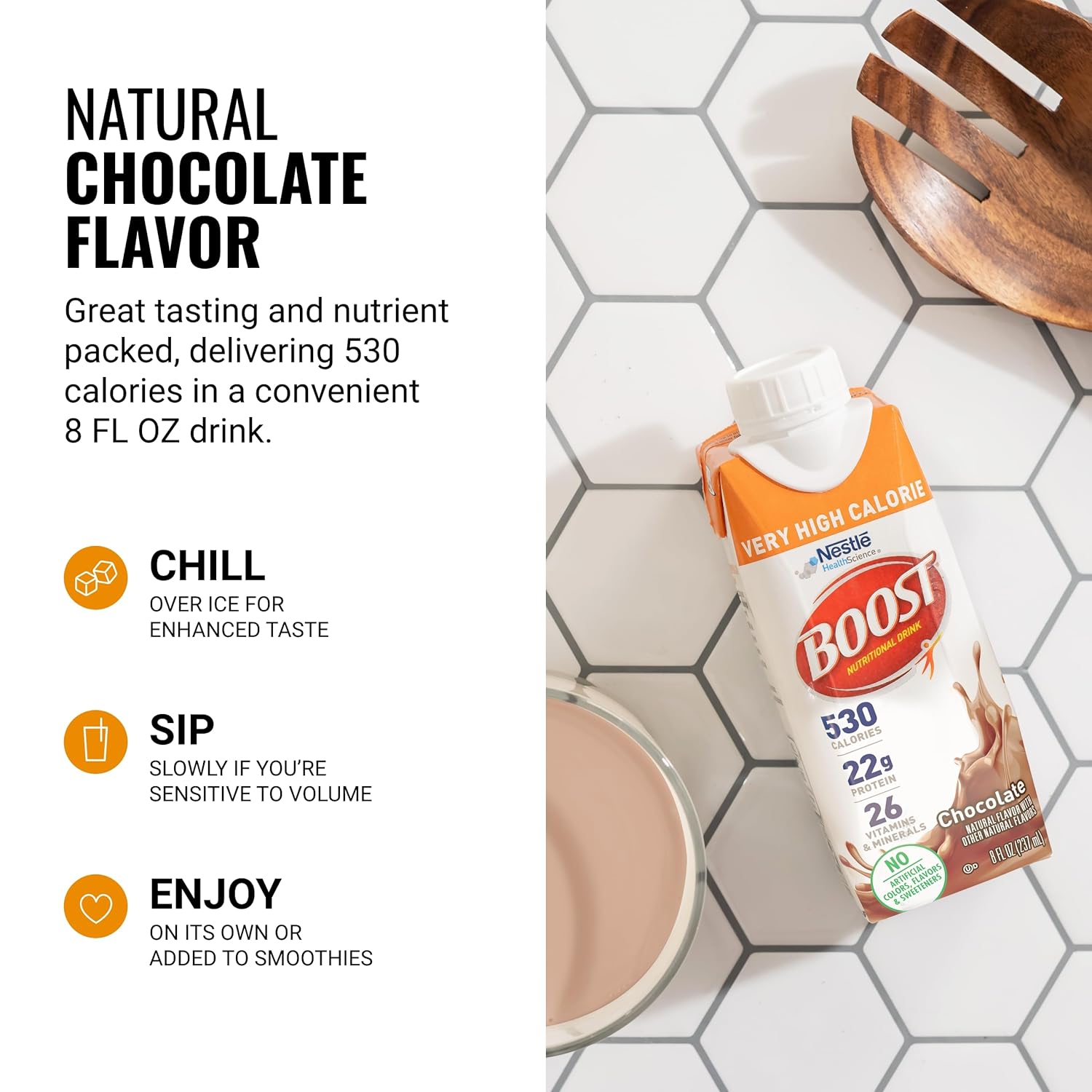 Chocolate Boost VHC drink carton: natural chocolate flavor, chill on ice, sip, enjoy