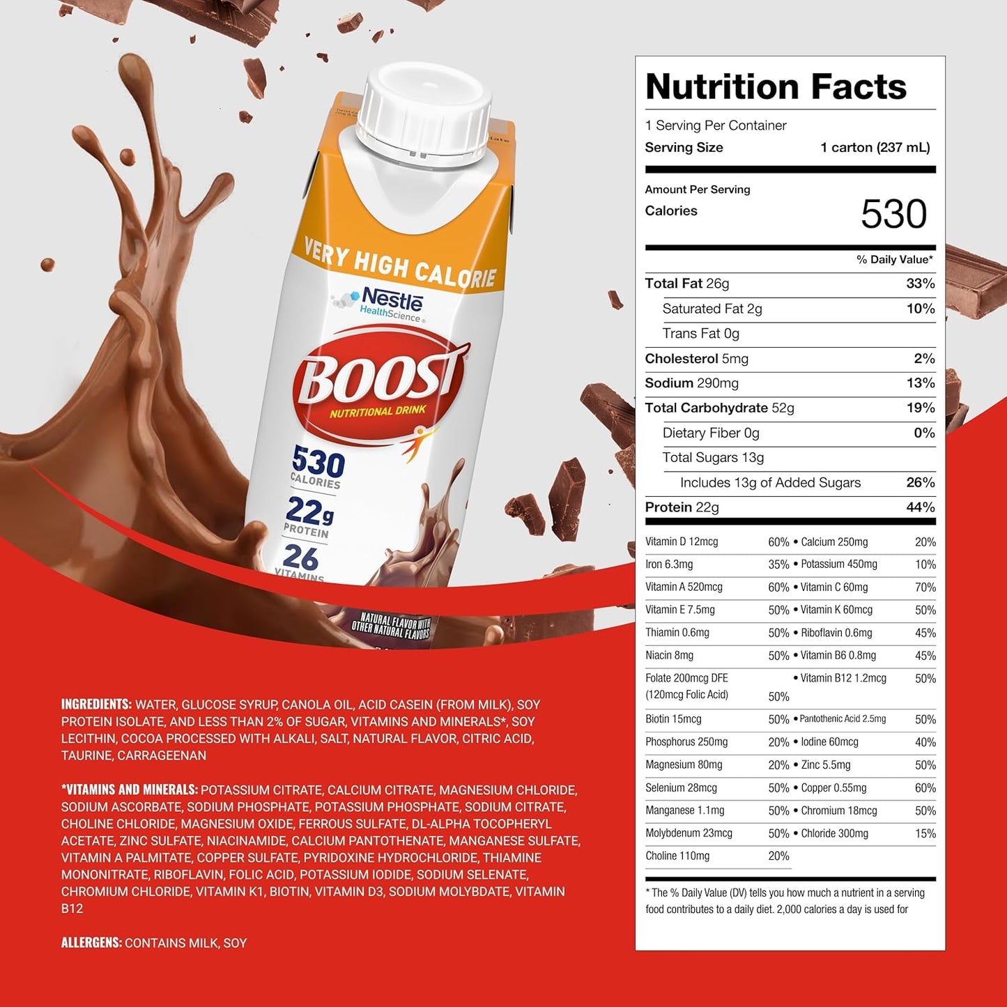 Boost VHC chocolate carton with nutrition facts panel showing 530 calories
