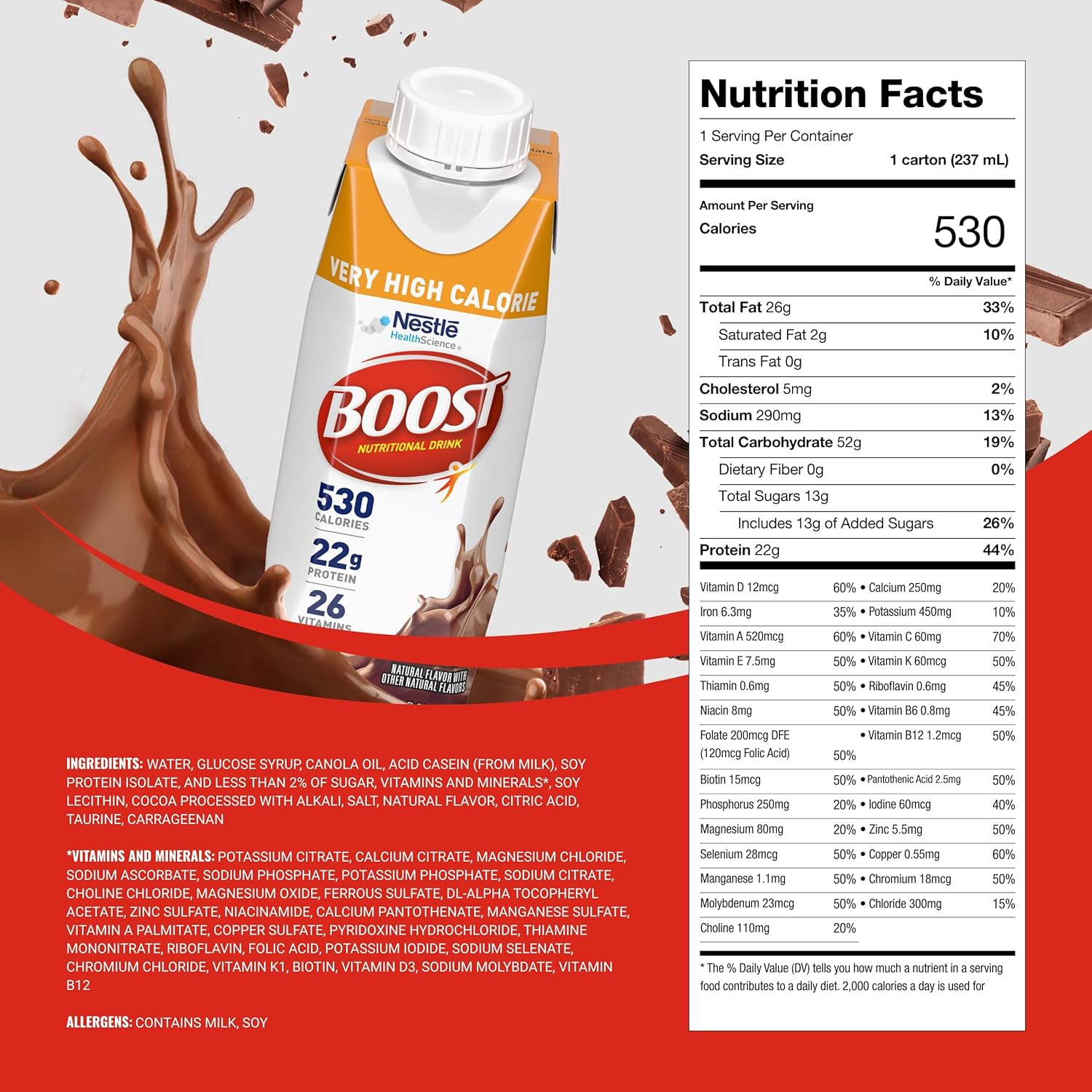Boost VHC chocolate carton with nutrition facts panel showing 530 calories