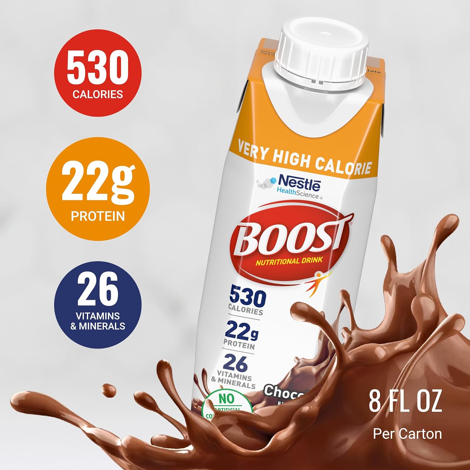Boost VHC chocolate carton front: 530 calories, 22g protein, 26 vitamins & minerals, 8 fl oz
