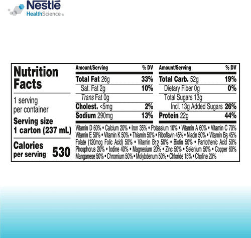 Nutrition facts panel for Boost VHC chocolate drink, 530 calories per serving