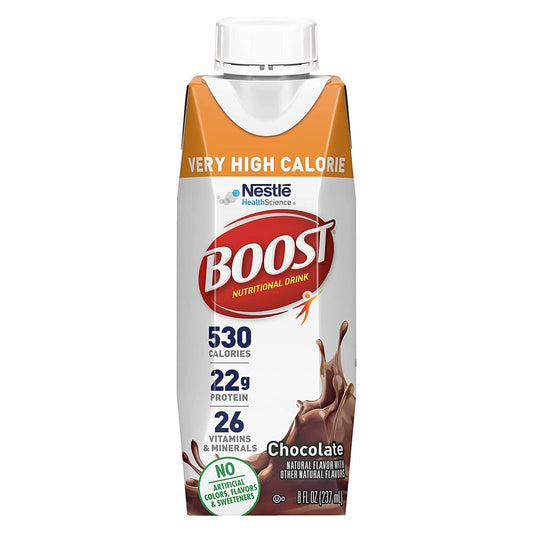 Boost VHC chocolate nutritional drink carton with white cap, front label