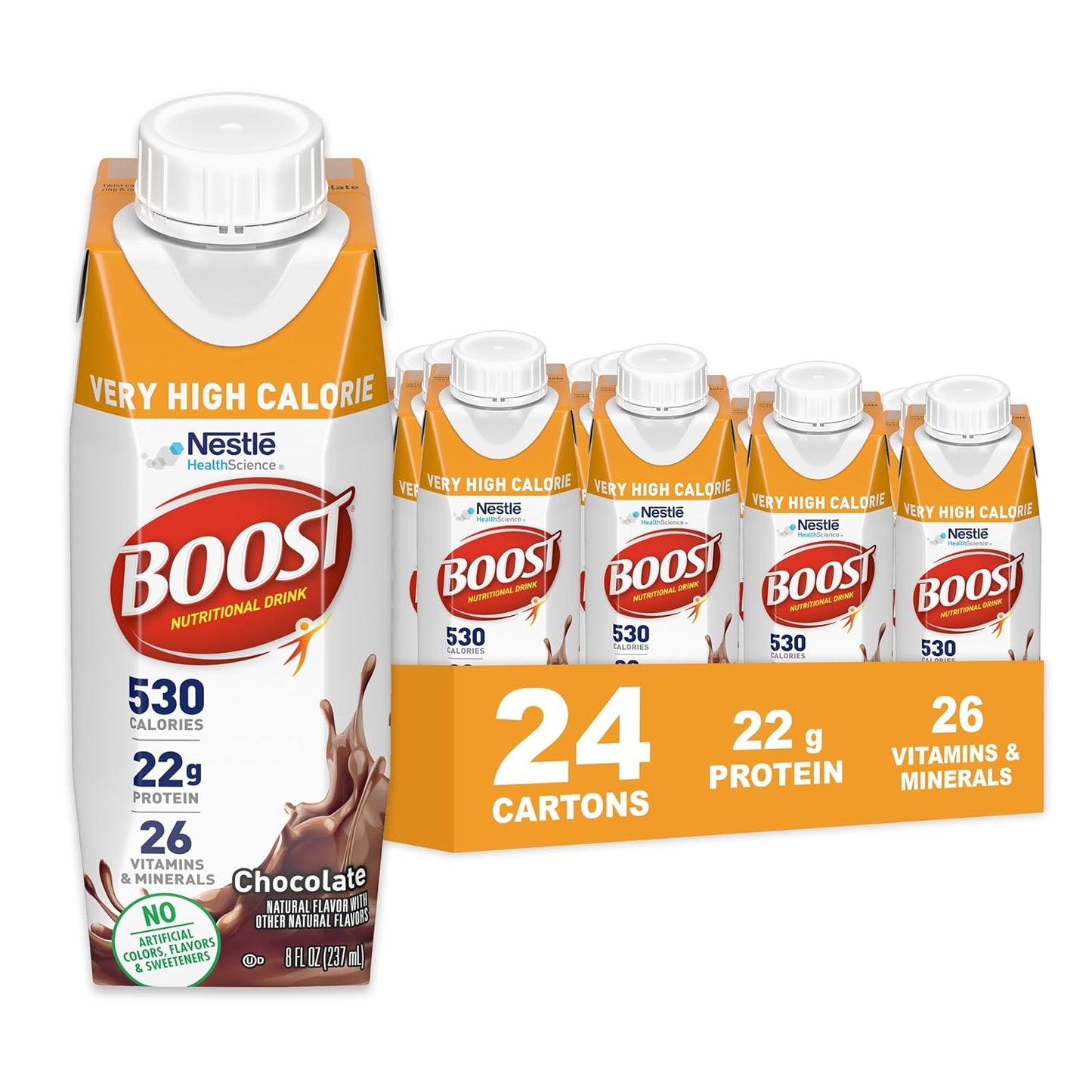 Boost VHC chocolate nutritional drink cartons, 24-count case, white caps