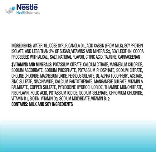 Ingredients panel for Boost VHC chocolate nutritional drink carton