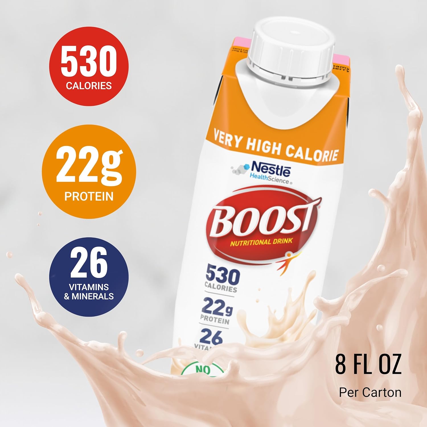 Nestle Boost VHC creamy strawberry carton showing 530 calories, 22g protein, 26 vitamins