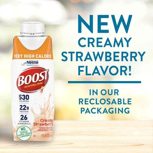 Boost VHC creamy strawberry flavor on carton with label 'New' and resealable packaging note