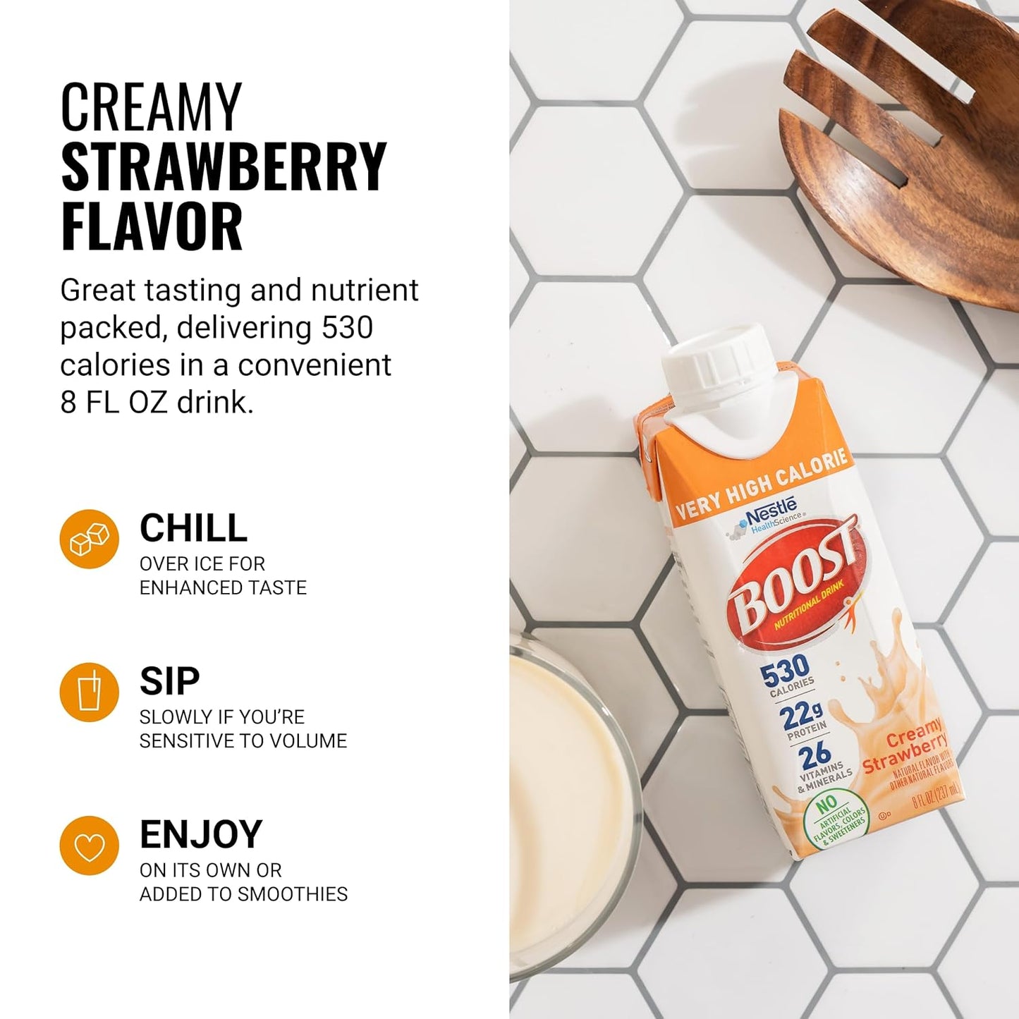Nestle Boost VHC creamy strawberry drink carton with serving and usage text