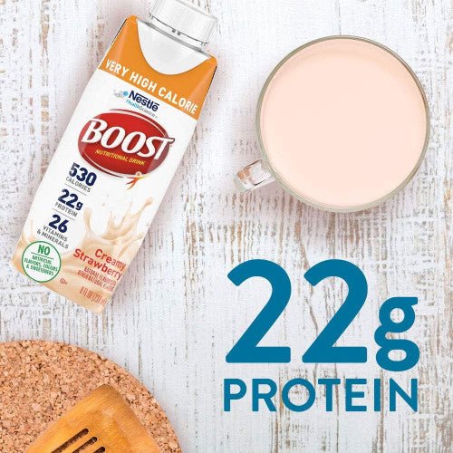 Strawberry VHC Boost carton with glass, 22g protein