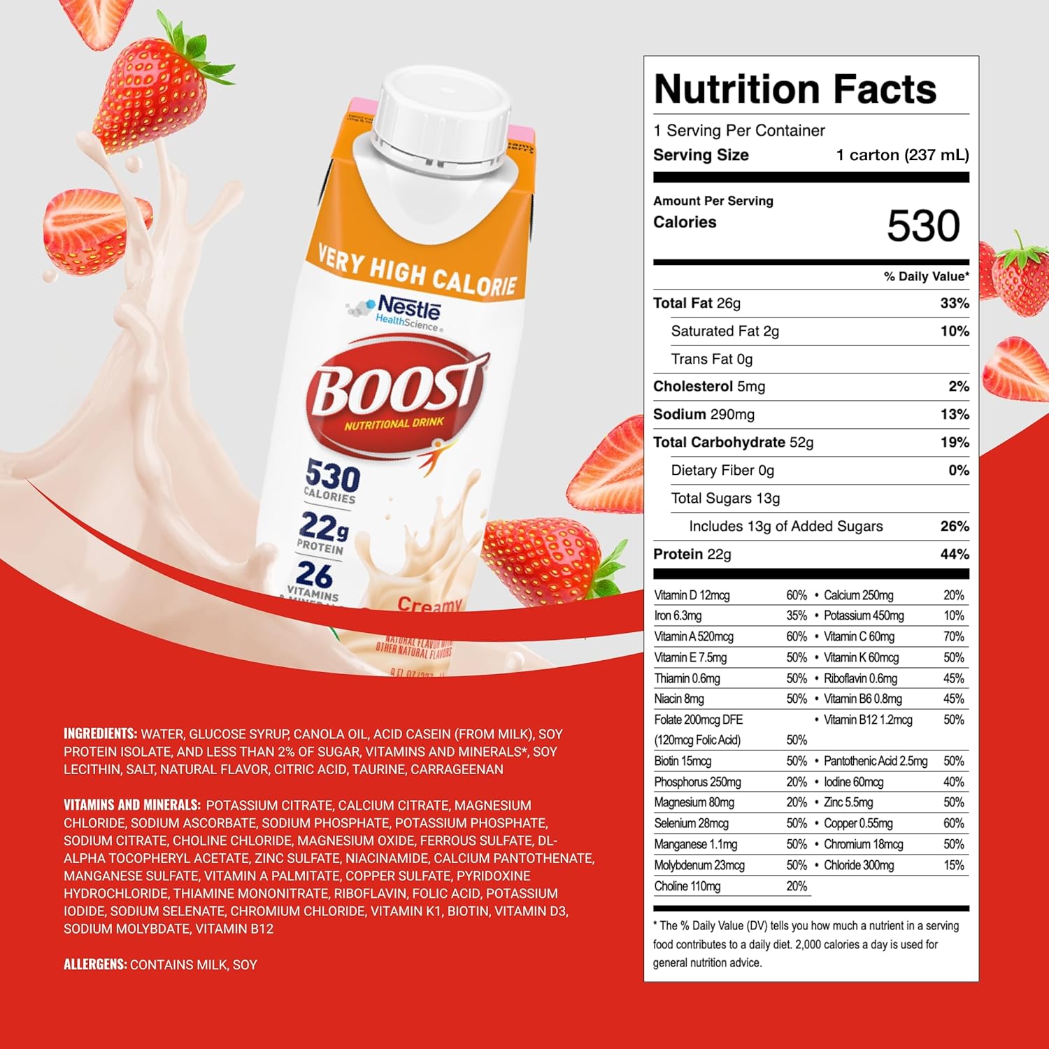 Nestle Boost VHC creamy strawberry carton with Nutrition Facts panel