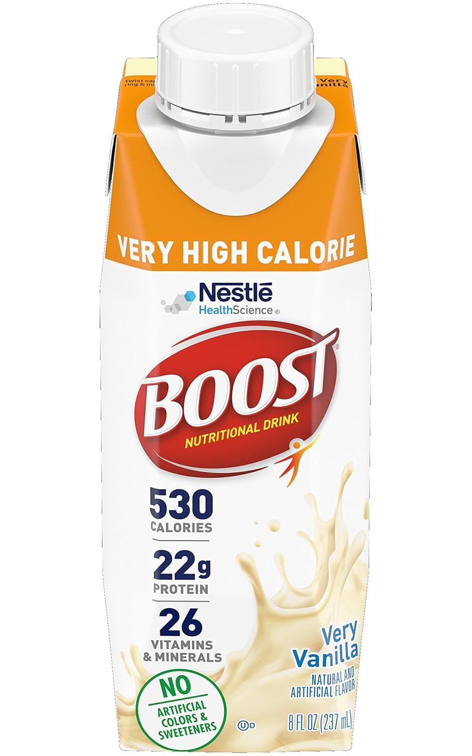 Boost very high calorie nutritional drink carton, very vanilla flavor, front label