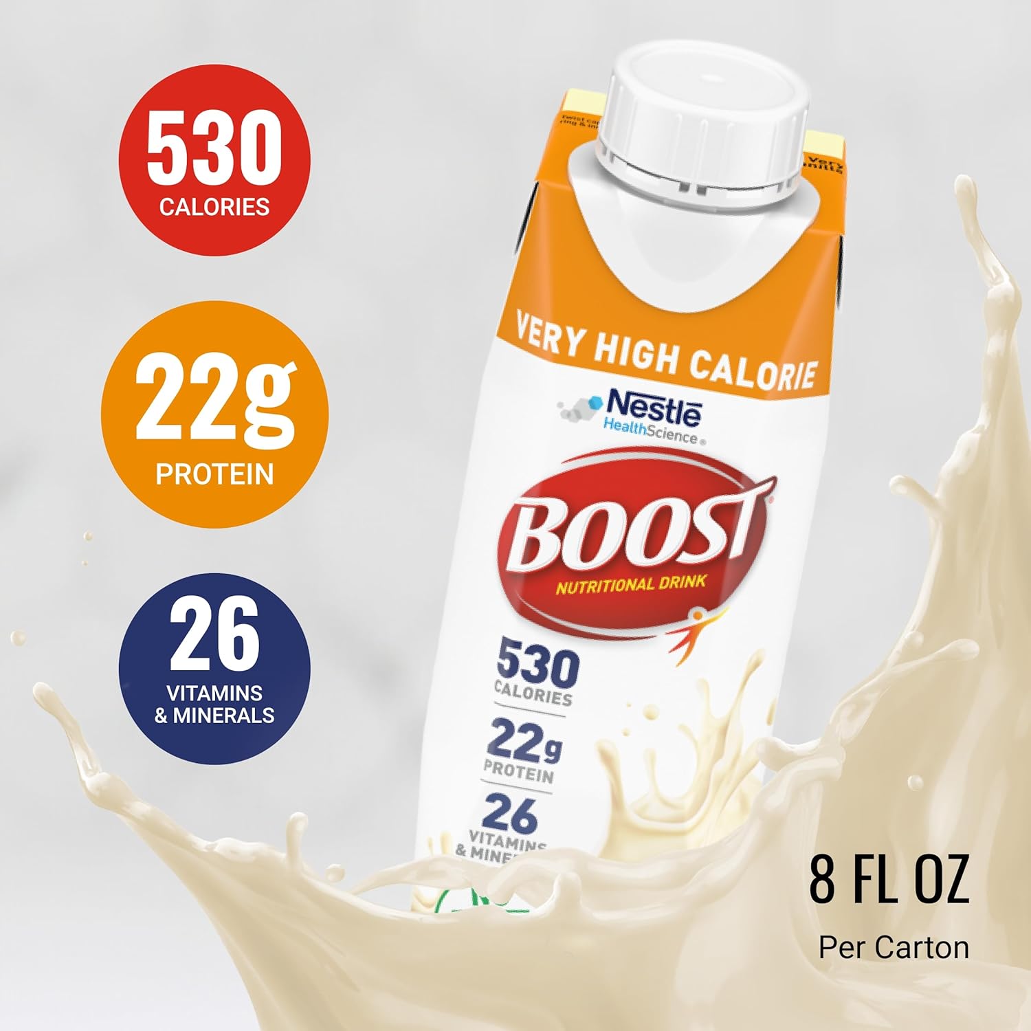 Boost very high calorie very vanilla carton with 530 calories, 22g protein, 26 vitamins shown