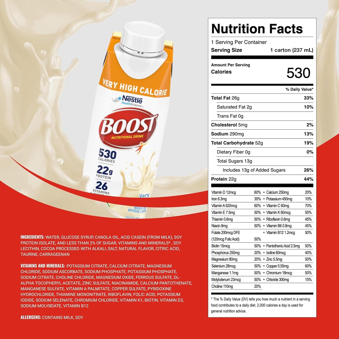 Boost very high calorie nutritional drink carton with Nutrition Facts panel