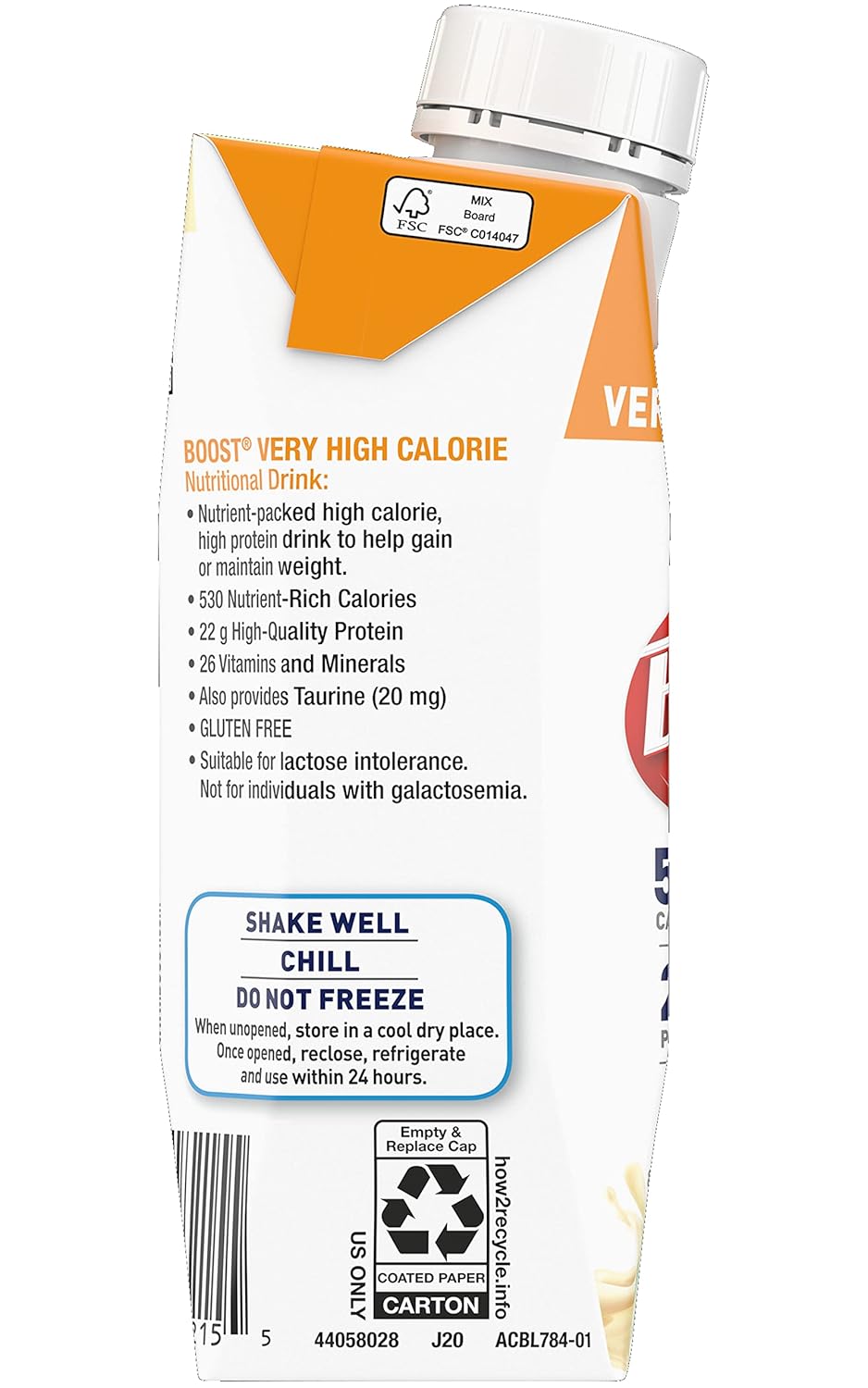Boost very high calorie nutritional drink carton with serving instructions, shake and chill