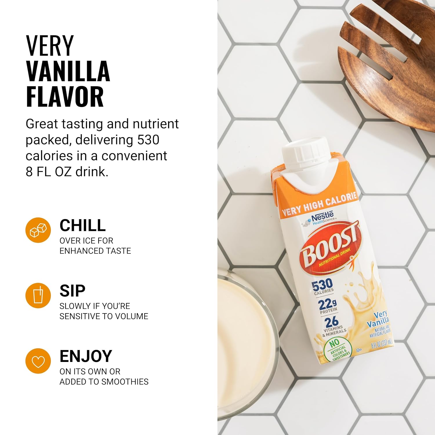 Boost very high calorie very vanilla drink carton with product use callouts and 8 fl oz info
