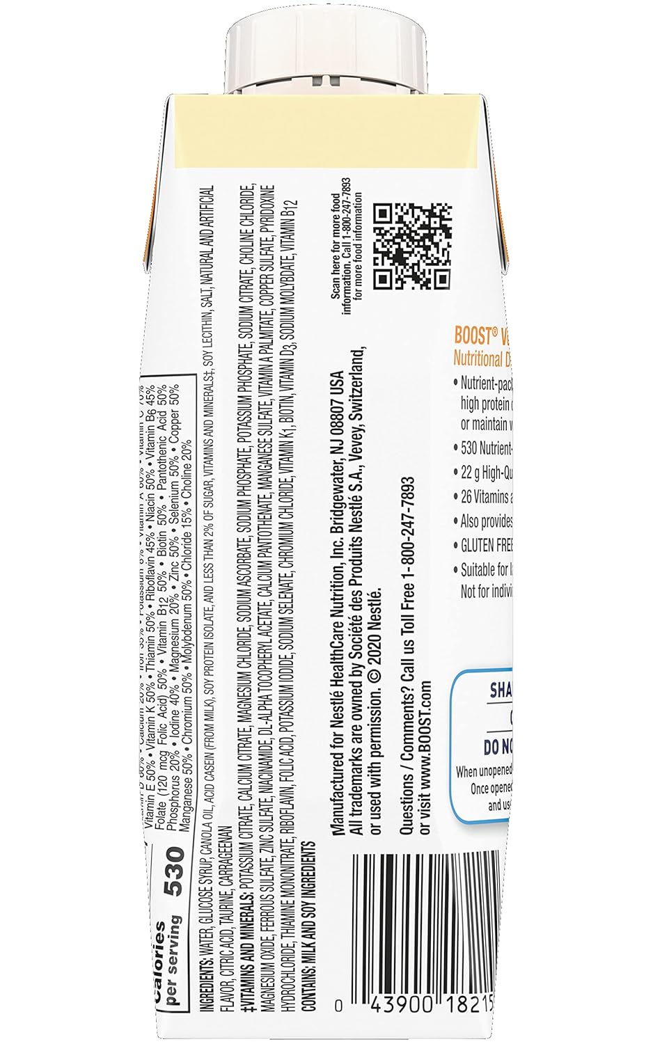 Back panel of Boost very high calorie nutritional drink carton with barcode and text