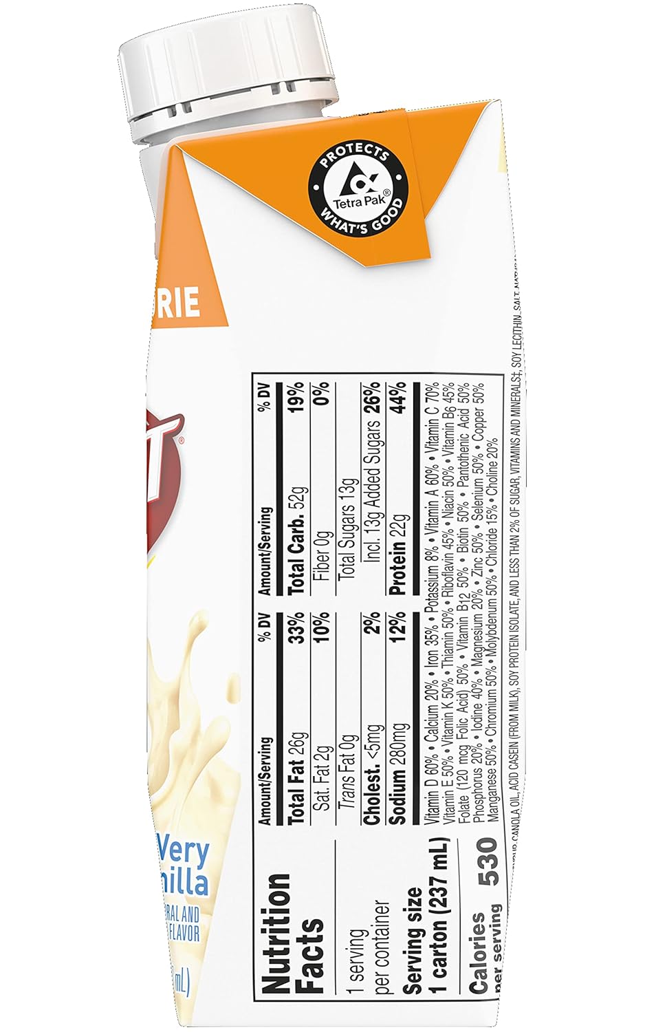 Nutrition Facts panel on side of Boost very high calorie nutritional drink carton