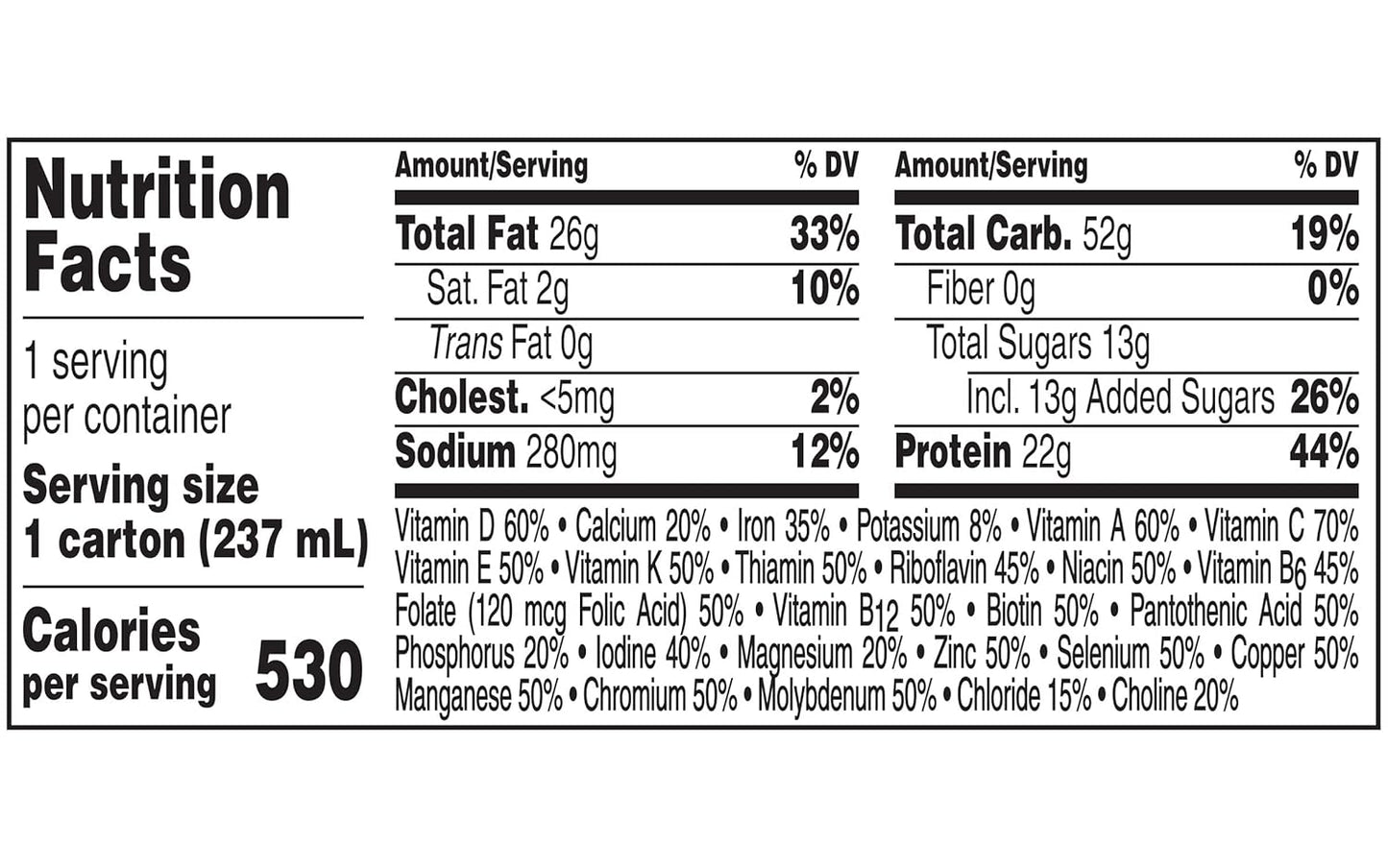 Nutrition Facts close-up for Boost very high calorie nutritional drink, very vanilla
