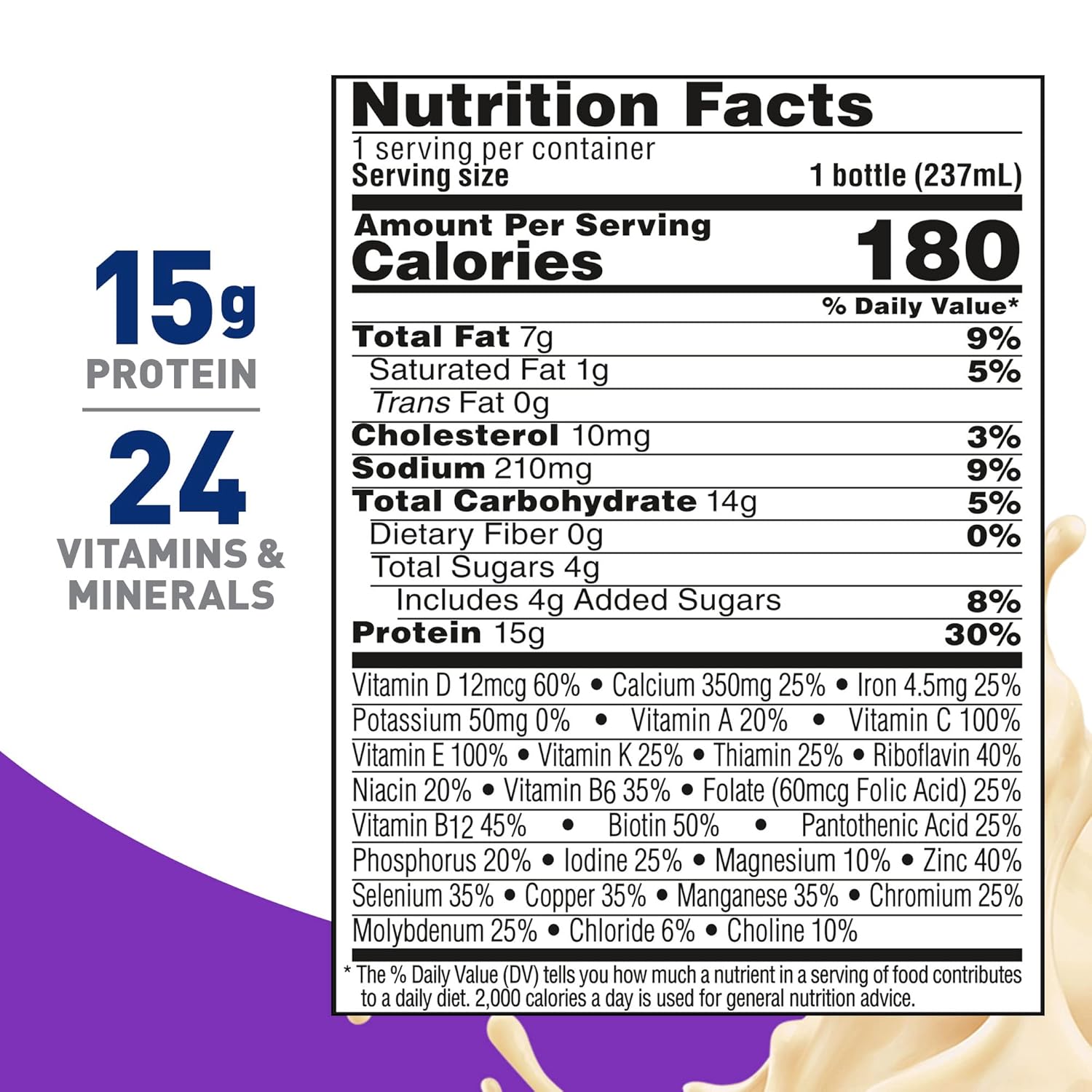 Nutrition Facts panel: 15g protein per 1 bottle (237 ml) for BOOST Women