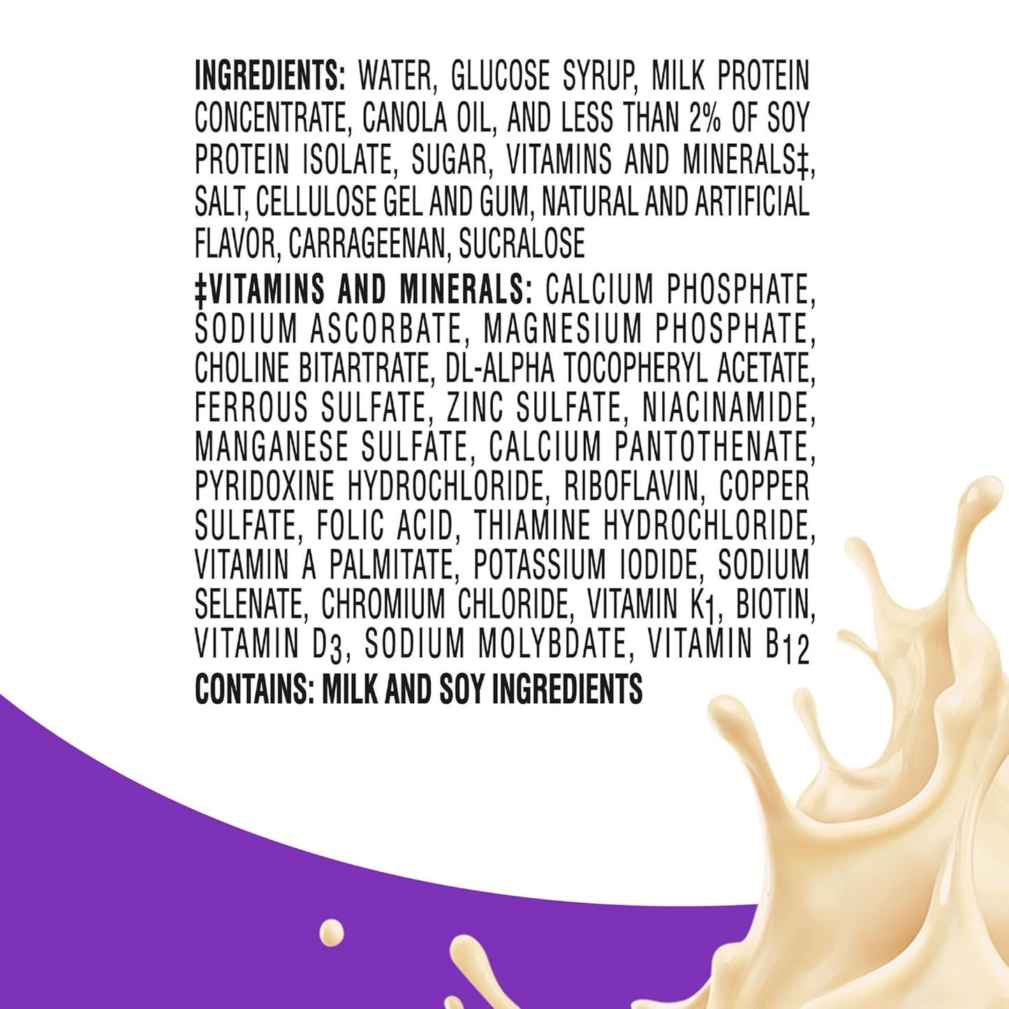 Ingredients list text for BOOST Women Very Vanilla balanced nutritional drink