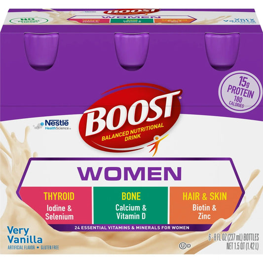 BOOST Women drink pack front with 15g protein badge and women nutrition panel