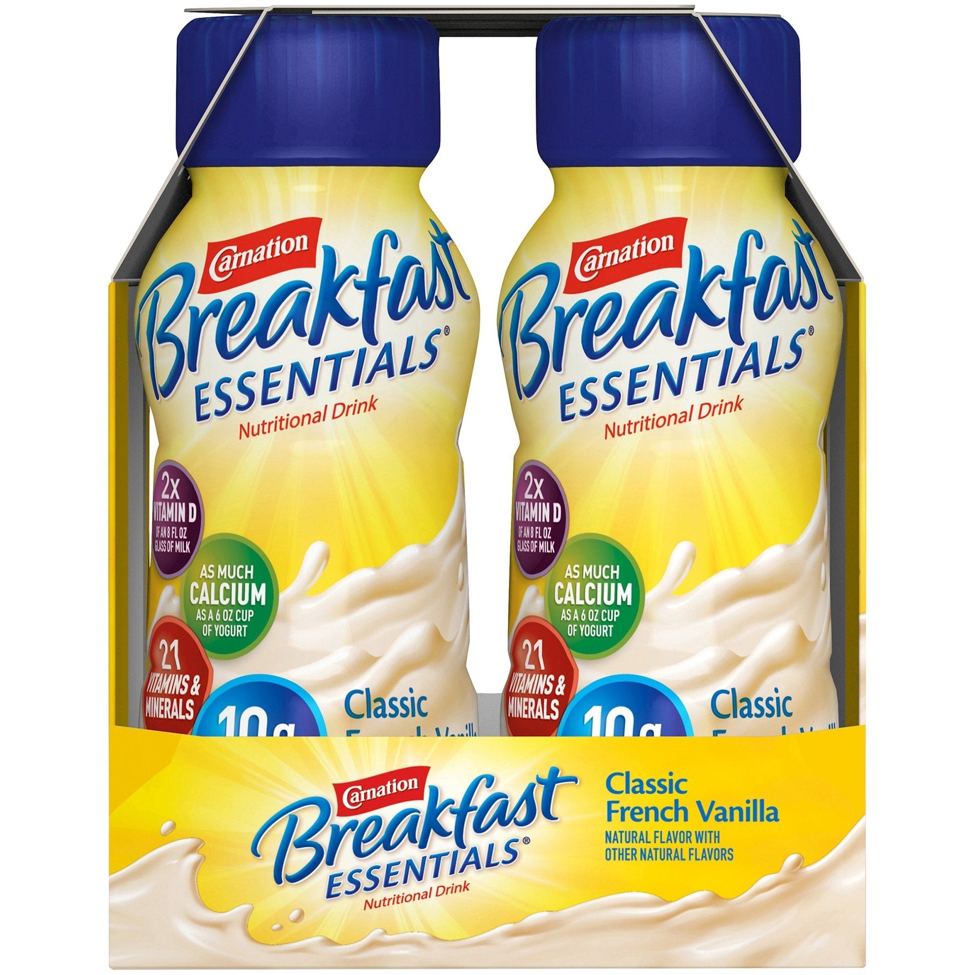 Breakfast Essentials French vanilla two bottles shown in a 6-bottle carton