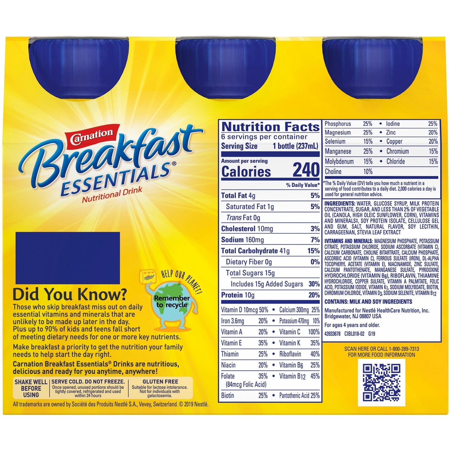 Breakfast Essentials French vanilla 6-bottle pack back with Nutrition Facts