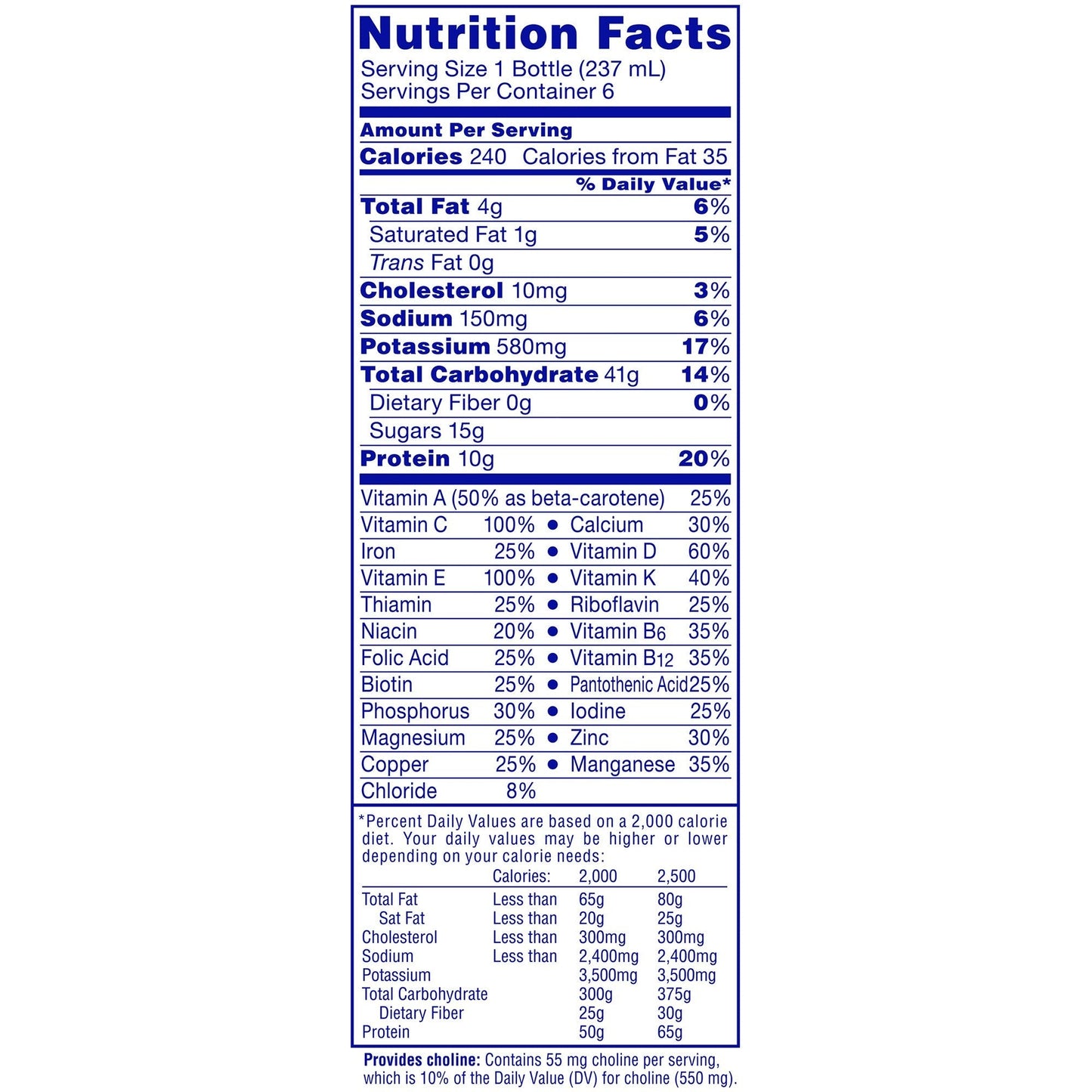 Nutrition Facts for Carnation Breakfast Essentials rich milk chocolate drink, 1 bottle (237 mL)