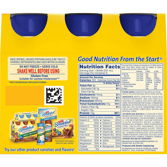 Carnation Breakfast Essentials rich milk chocolate back panel with Nutrition Facts and serving info