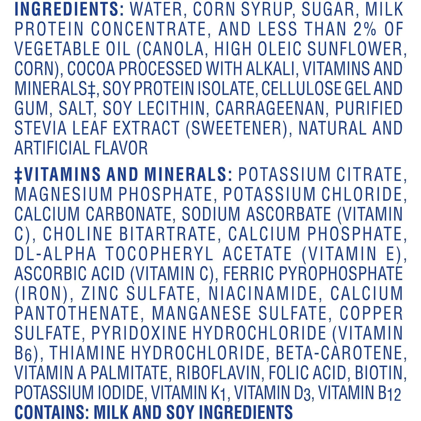 Carnation Breakfast Essentials rich milk chocolate ingredient list text on package