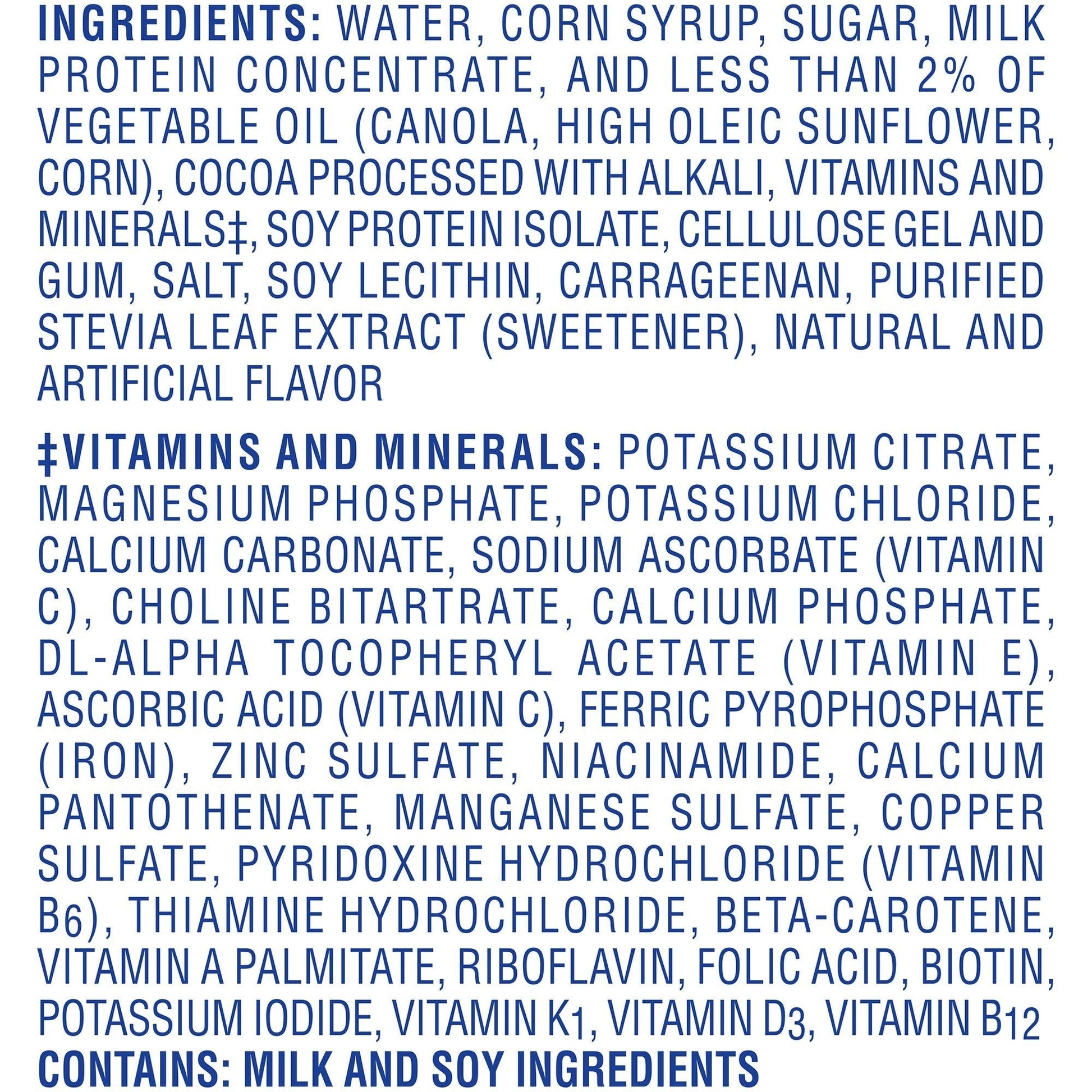 Carnation Breakfast Essentials rich milk chocolate ingredient list text on package
