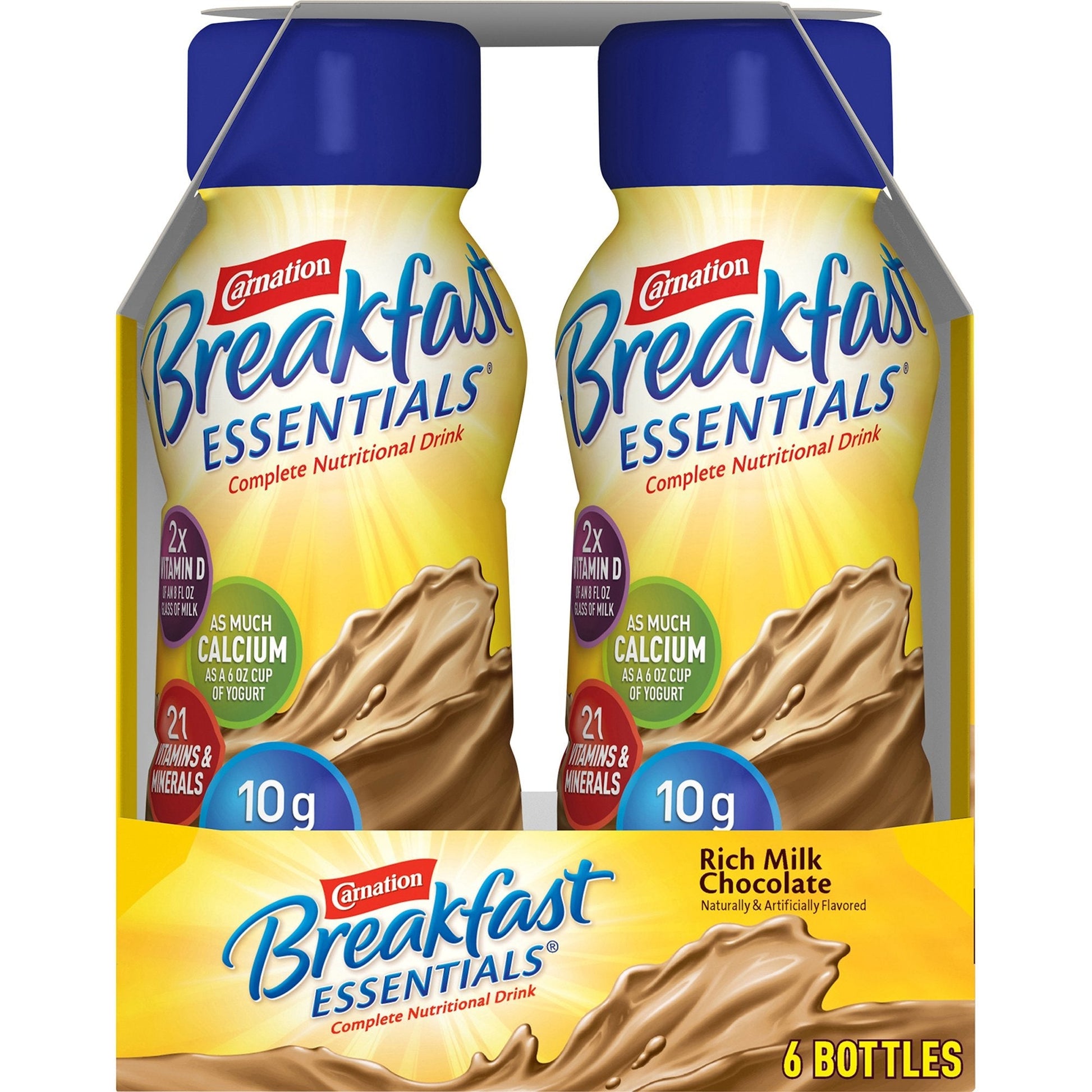 Six Carnation Breakfast Essentials rich milk chocolate bottles in a cardboard carrier