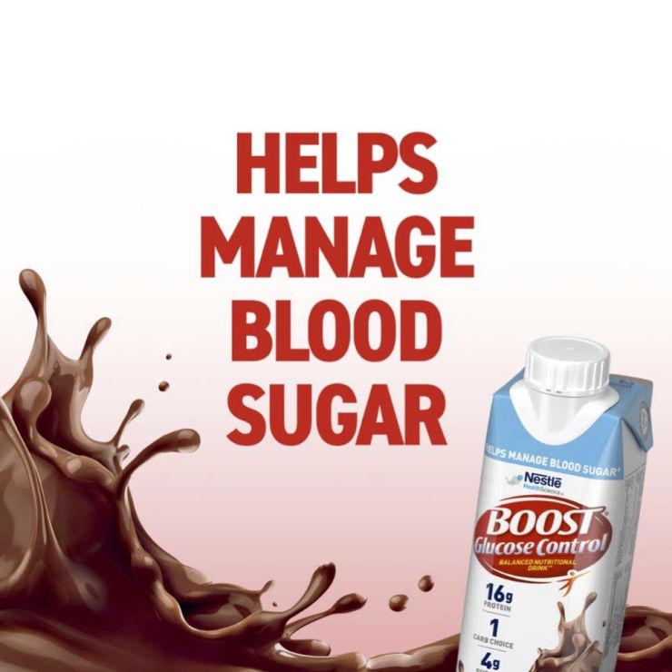 Glucose control drink bottle with “Helps Manage Blood Sugar” text and chocolate splash