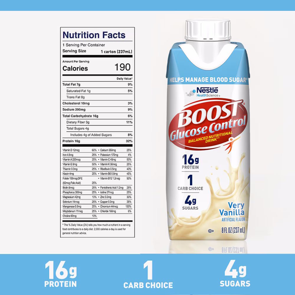 Very Vanilla Boost Glucose Control nutrition facts: 16g protein, 4g sugars, 8 fl oz