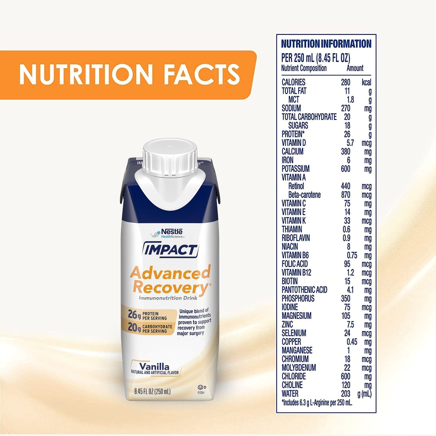 Advanced Recovery immunonutrition drink nutrition facts, bottle, vanilla flavor