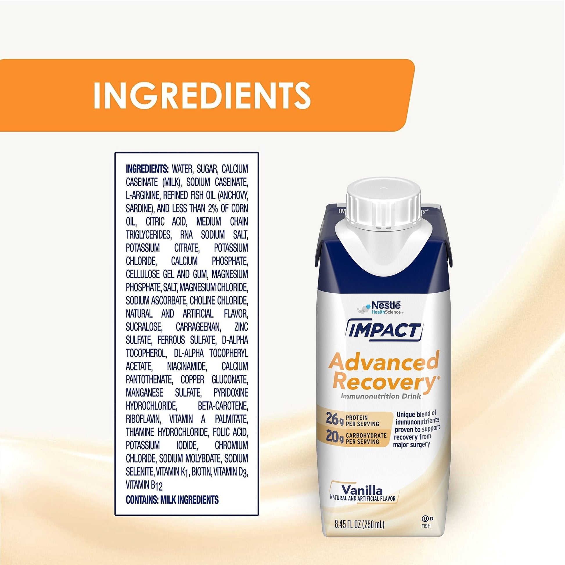 Advanced Recovery immunonutrition drink bottle with ingredients panel, vanilla flavor