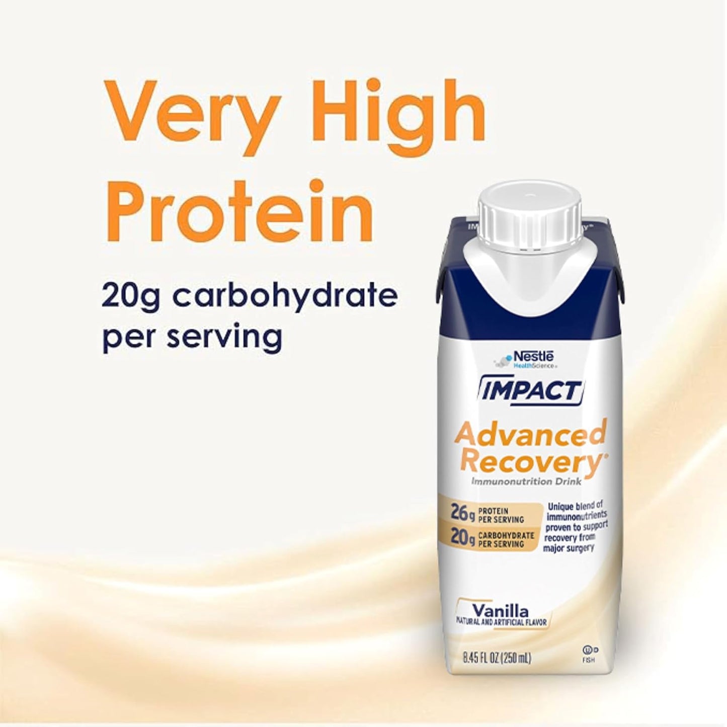Advanced Recovery immunonutrition drink bottle with protein/carbs per serving, vanilla