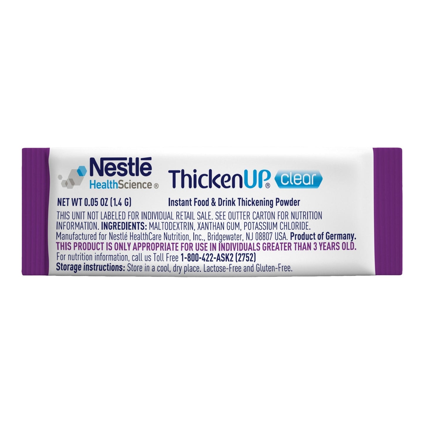ThickeneUp clear instant thickening powder packet, 0.05 oz (1.4 g) unit label