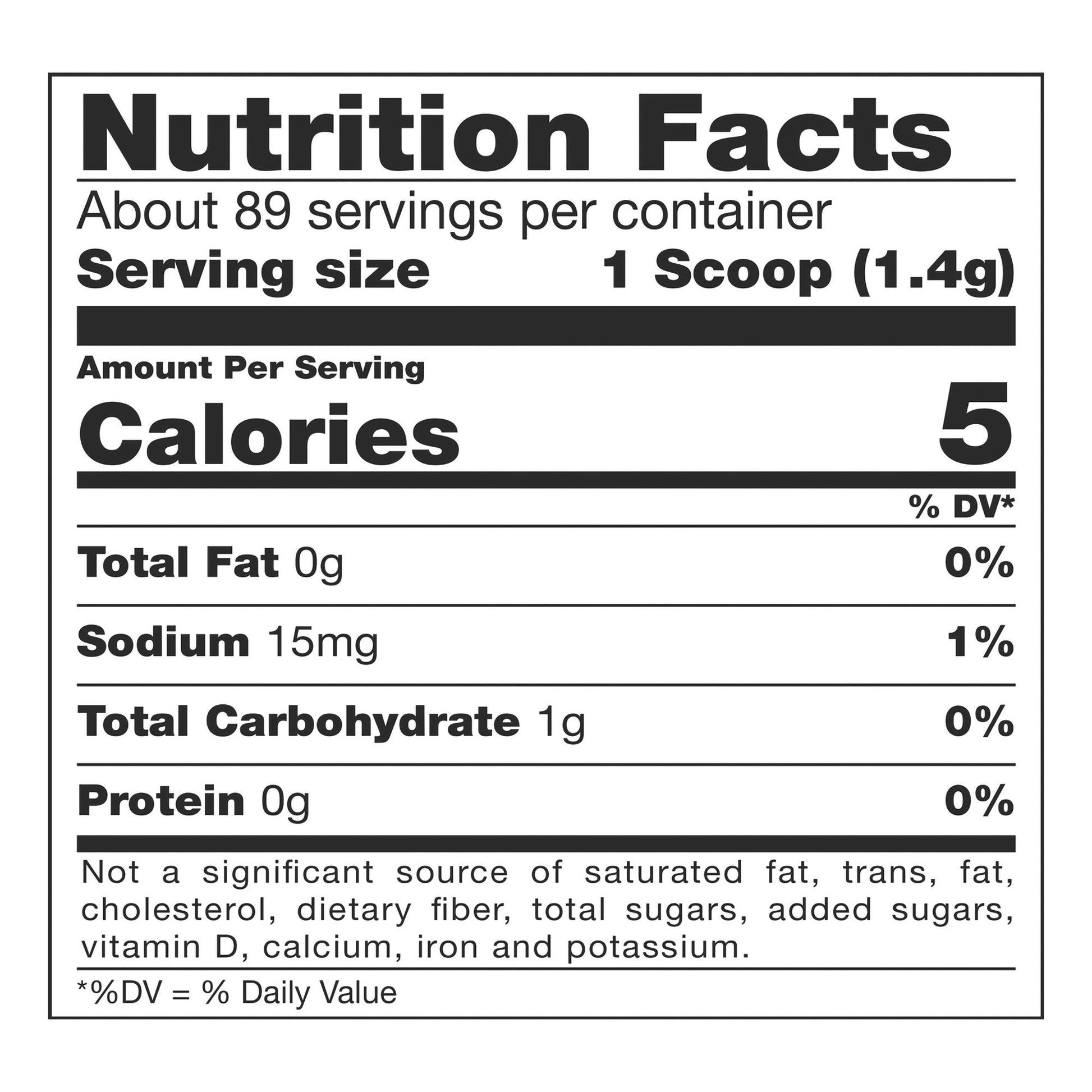 ThickeneUp clear nutrition facts: 5 calories per 1 scoop (1.4 g)
