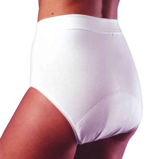 White incontinence pant with elastic waistband and full-coverage brief leg openings