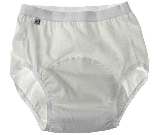 White incontinence brief with elastic waistband and reinforced leg cuffs