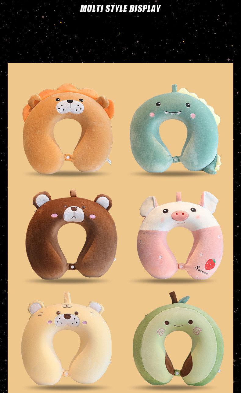 Multi-style display of U-shaped animal neck pillows in orange, blue, brown, and pink